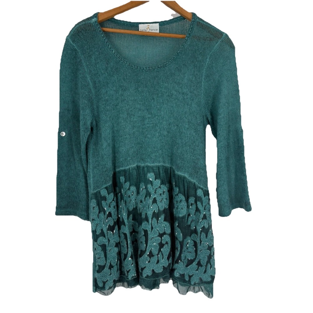 Belle France Womens Wool Mohair Tunic‎ Sweater Size L Teal Indie Chiffon Sequins